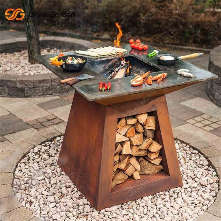 OutdoorCorten Steel BBQ Grill With Wood