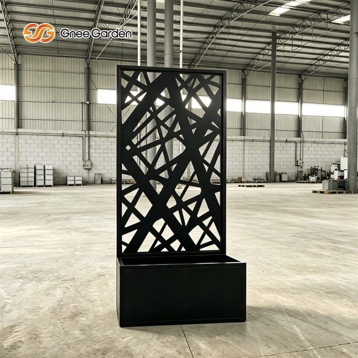 Abstract Cut‑Out Metal Raised Garden Bed With Trellis